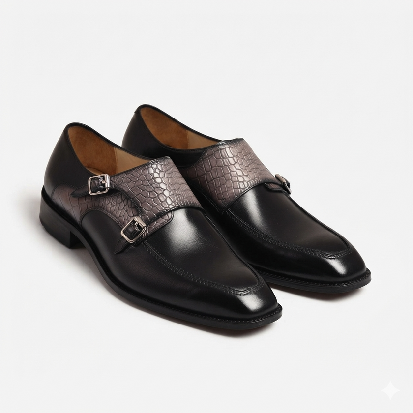 The Verona Ombra – Handcrafted Black Leather Monk Strap Shoes with Grey Crocodile-Embossed Leather Detailing for Men