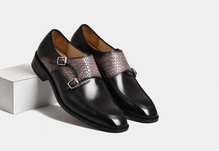 The Verona Ombra – Handcrafted Black Leather Monk Strap Shoes with Grey Crocodile-Embossed Leather Detailing for Men