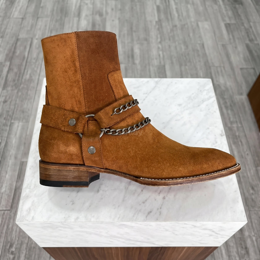 The Valencia Heritage Suede Leather Harness Boots with Twin Chain Detailing and Stacked Heel for Men