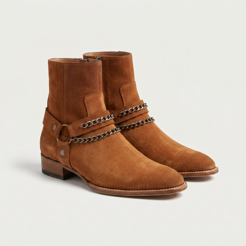 The Valencia Heritage Suede Leather Harness Boots with Twin Chain Detailing and Stacked Heel for Men