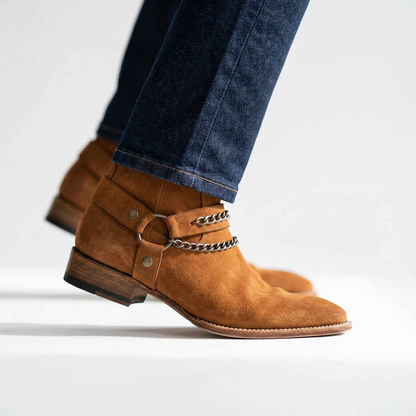 The Valencia Heritage Suede Leather Harness Boots with Twin Chain Detailing and Stacked Heel for Men