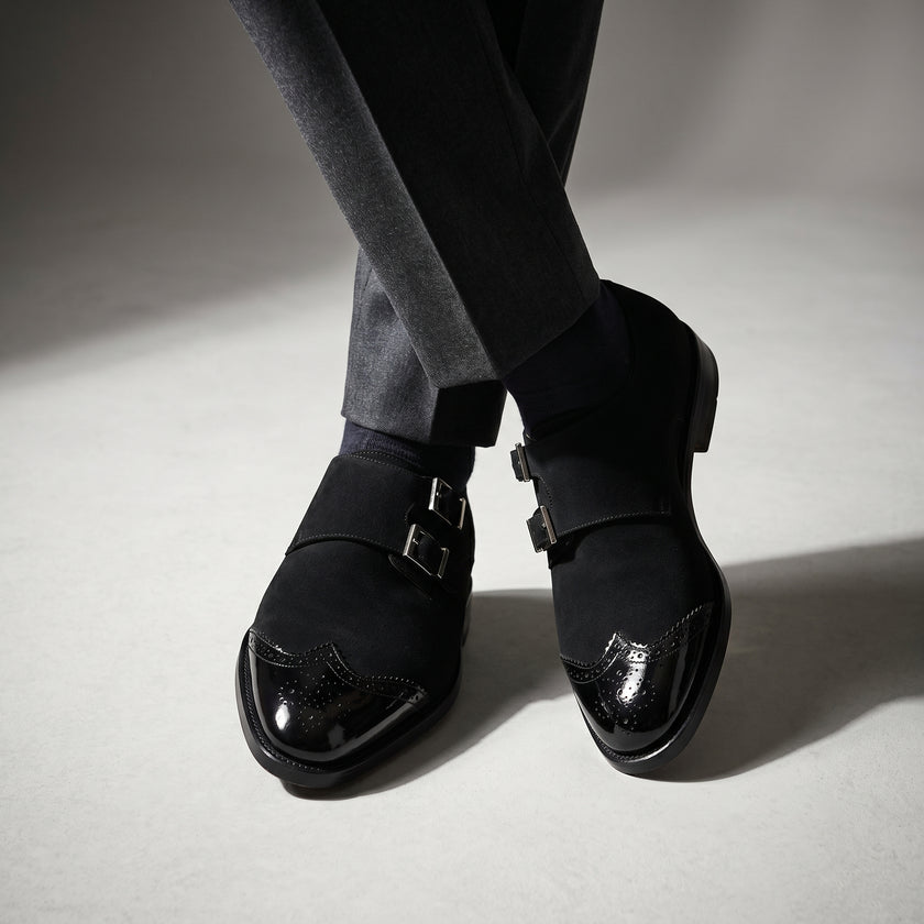 The Laurent Noir Handcrafted Suede and Patent Leather Double Monk Strap Dress Shoes for Men