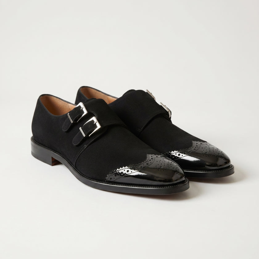 The Laurent Noir Handcrafted Suede and Patent Leather Double Monk Strap Dress Shoes for Men