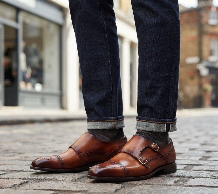 The Verona Cognac – Handcrafted Cognac Brown Leather Double Monk Strap Shoes with Brogue Cap Toe Detailing for Men