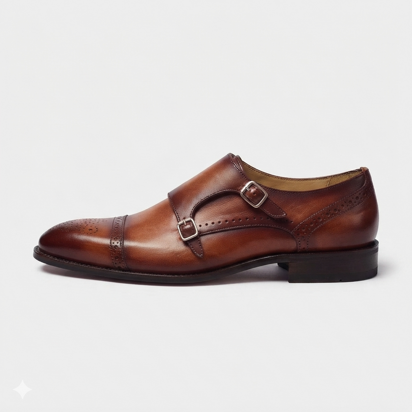The Verona Cognac – Handcrafted Cognac Brown Leather Double Monk Strap Shoes with Brogue Cap Toe Detailing for Men