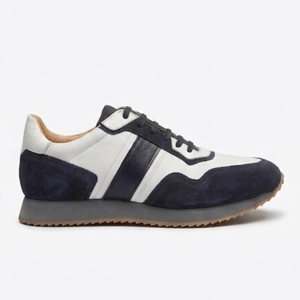 The Anzio Navy Retro Sneakers - Handcrafted White Leather & Blue Suede Leather Casual Sneakers for Men