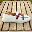 The Bellagio Signature Burgundy and Ivory Leather Double-Buckle Penny Loafers for Men