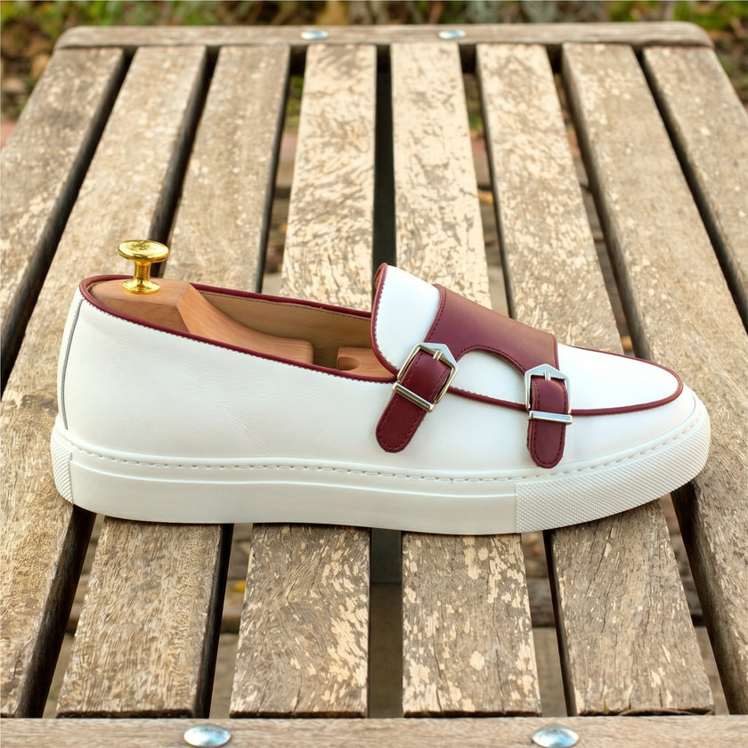The Bellagio Signature Burgundy and Ivory Leather Double-Buckle Penny Loafers for Men