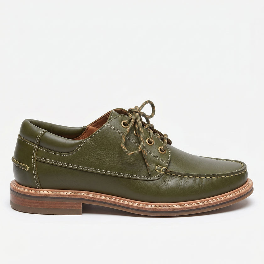The Ravello Handcrafted Olive Green Leather Derby with Contrast Stitching, Rope Laces & Heritage Rubber Sole for Men