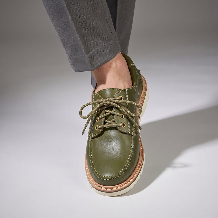 The Ravello Handcrafted Olive Green Leather Derby with Contrast Stitching, Rope Laces & Heritage Rubber Sole for Men