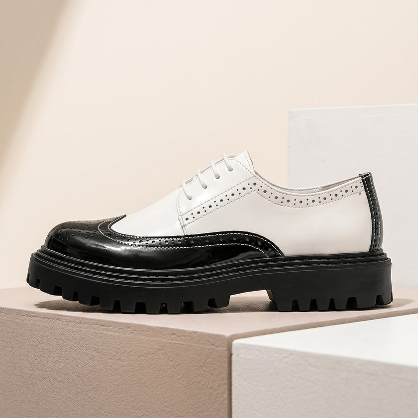 The Jackson Handcrafted Black and Ivory Leather Wingtip Brogue Derby Shoes with Lug Sole for Men