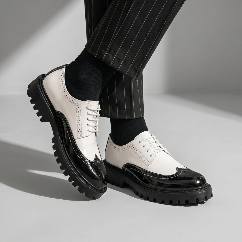 The Jackson Handcrafted Black and Ivory Leather Wingtip Brogue Derby Shoes with Lug Sole for Men