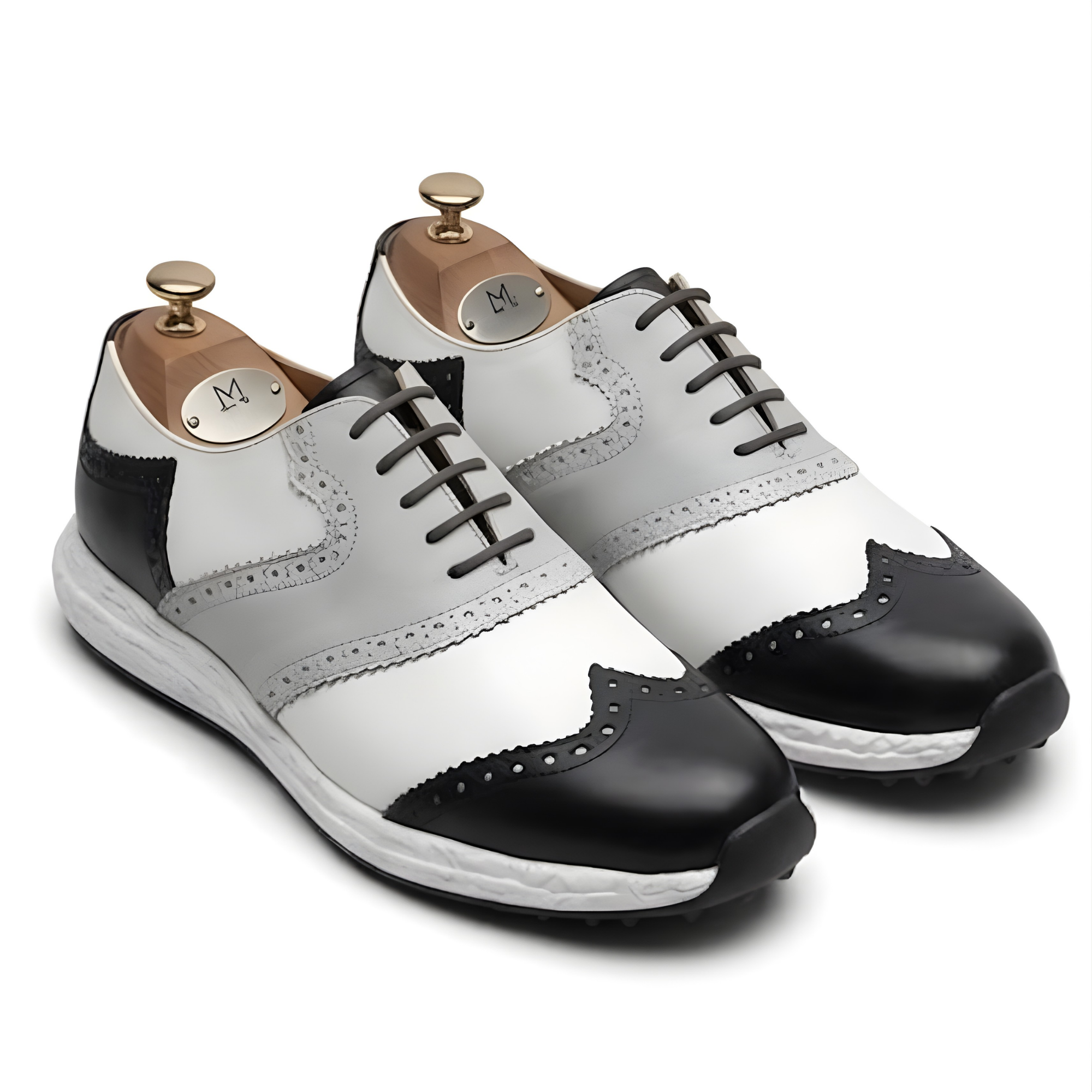 The Portofino Handcrafted Black & White Leather Brogue Sneakers for Men