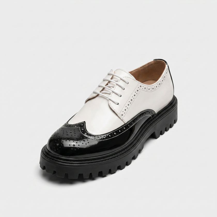 The Jackson Handcrafted Black and Ivory Leather Wingtip Brogue Derby Shoes with Lug Sole for Men