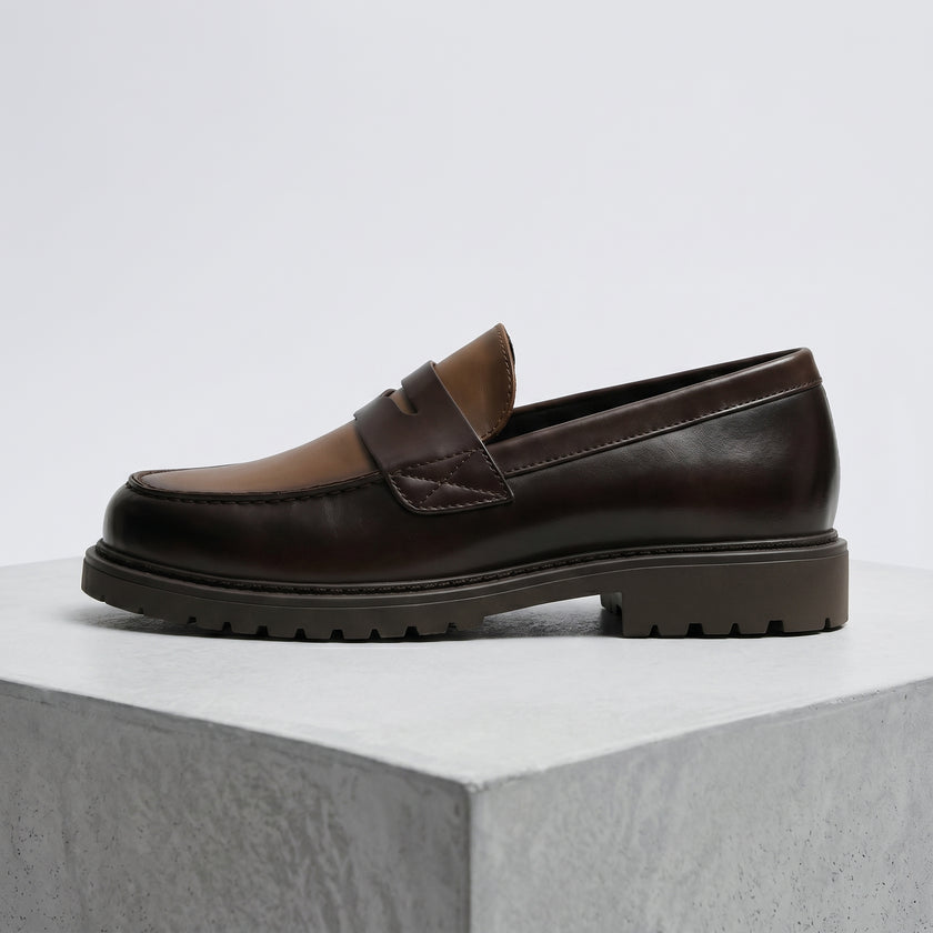 The Montaro Handcrafted Two-Tone Brown Leather Penny Loafers with Rugged Lug Sole for Men