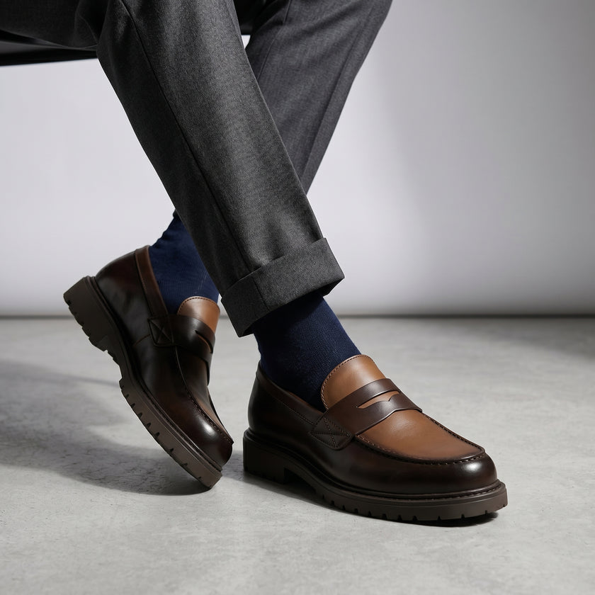 The Montaro Handcrafted Two-Tone Brown Leather Penny Loafers with Rugged Lug Sole for Men