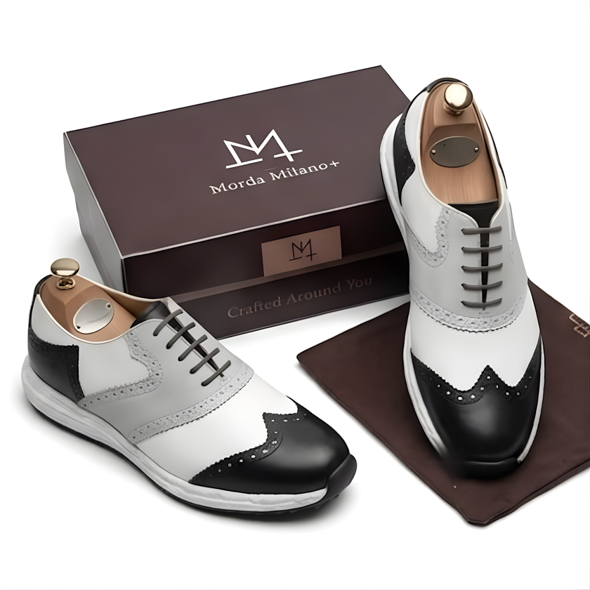 The Portofino Handcrafted Black & White Leather Brogue Sneakers for Men