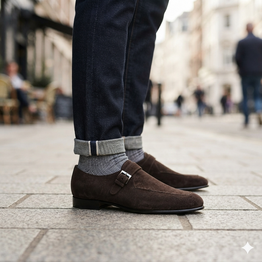 The Verona Espresso – Handcrafted Dark Brown Suede Single Monk Strap Shoes with Elegant Apron Toe Detailing for Men