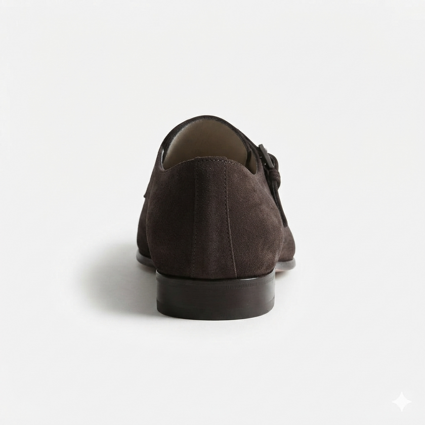 The Verona Espresso – Handcrafted Dark Brown Suede Single Monk Strap Shoes with Elegant Apron Toe Detailing for Men