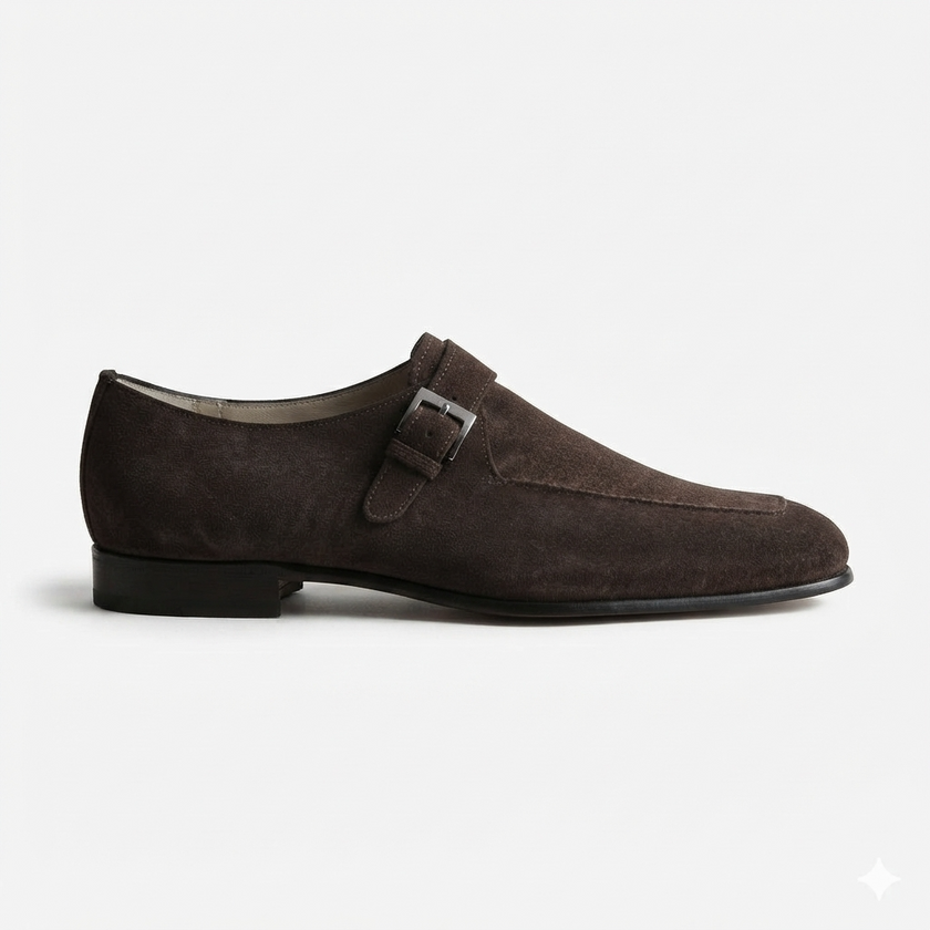 The Verona Espresso – Handcrafted Dark Brown Suede Single Monk Strap Shoes with Elegant Apron Toe Detailing for Men