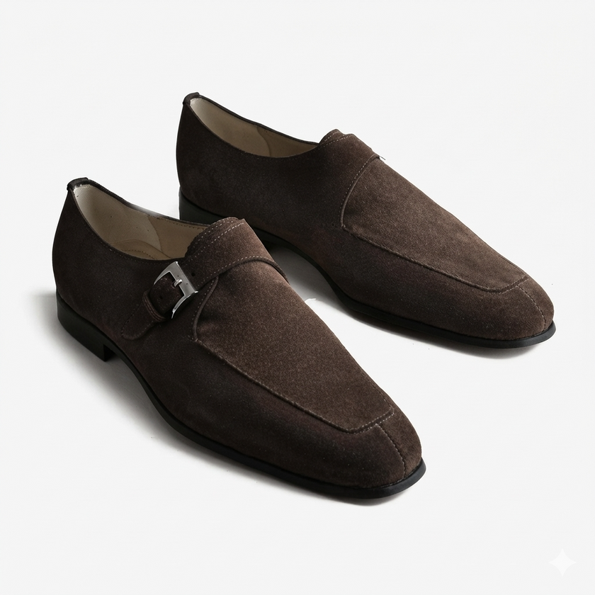 The Verona Espresso – Handcrafted Dark Brown Suede Single Monk Strap Shoes with Elegant Apron Toe Detailing for Men