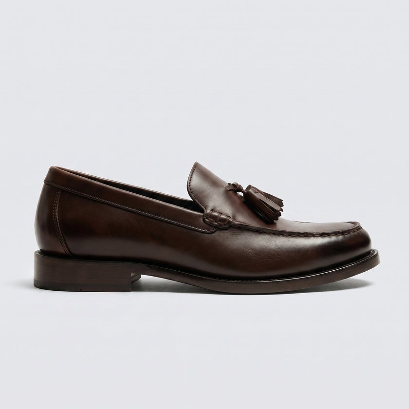 The Rimini Handcrafted Moccasin stitch Espresso Brown Leather Tassel Loafers for Men