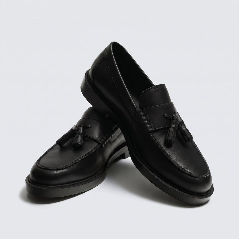 The Rimini Handcrafted Moccasin stitch Black Leather Tassel Loafers for Men