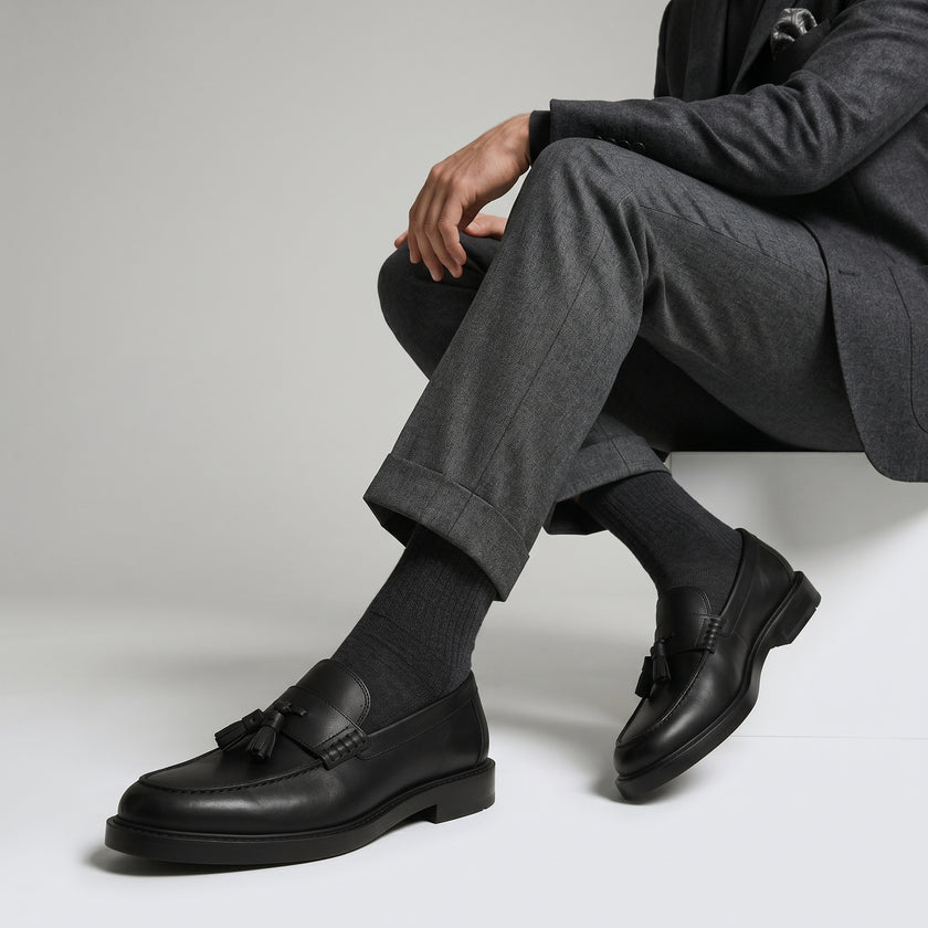 The Rimini Handcrafted Moccasin stitch Black Leather Tassel Loafers for Men