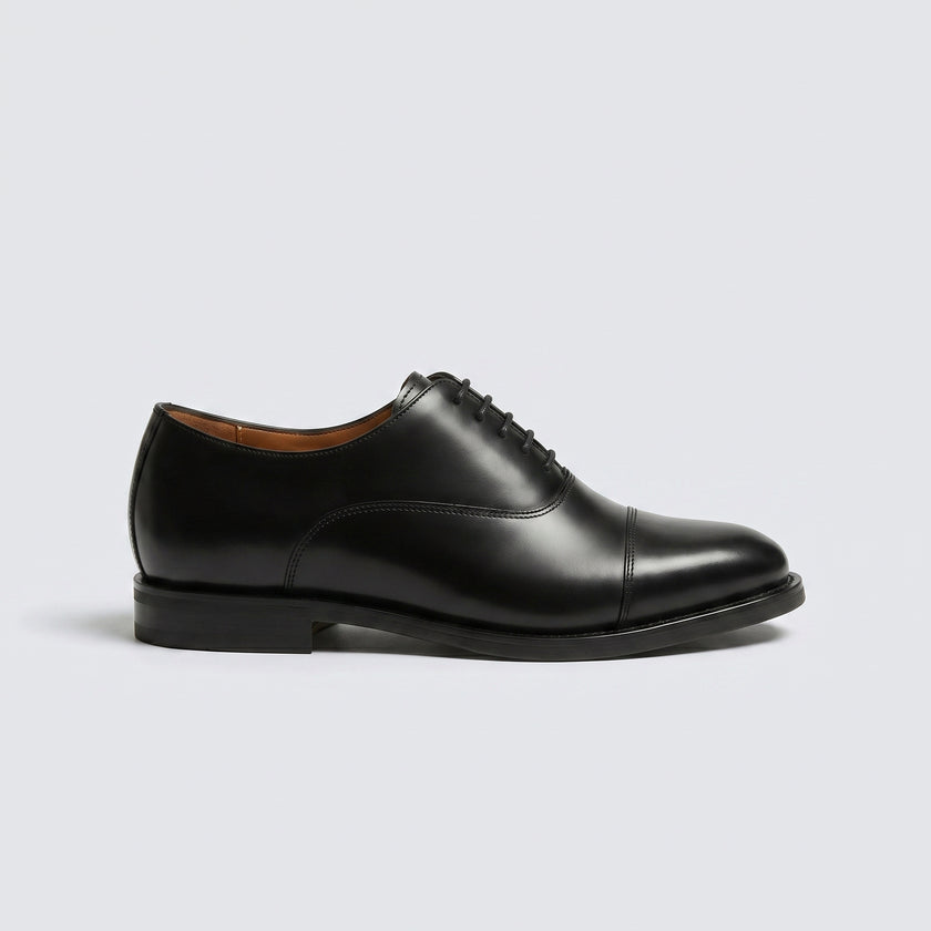 The Varese Handcrafted Black Leather Cap-Toe Lace-Up Derby Shoes with Rugged Lug Sole for Men