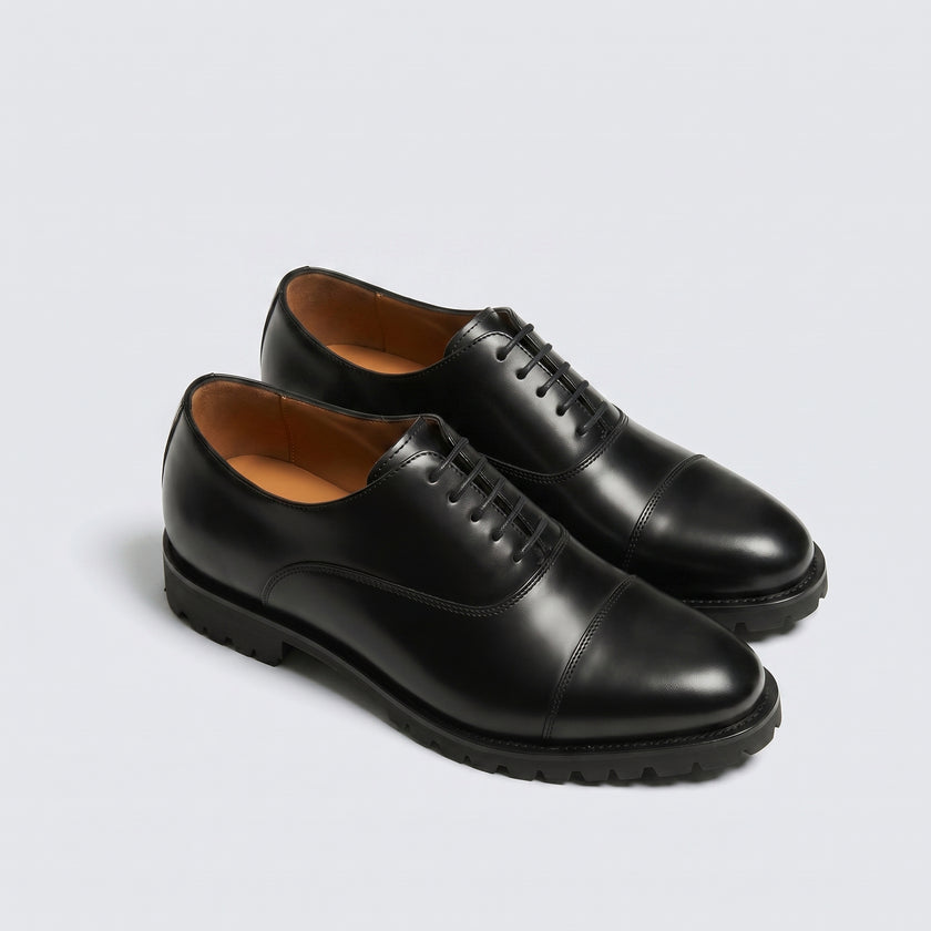 The Varese Handcrafted Black Leather Cap-Toe Lace-Up Derby Shoes with Rugged Lug Sole for Men