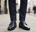 The Milano Navy Handcrafted Navy Blue Leather and Black Crocodile-Embossed Double Monk Strap Shoes for Men