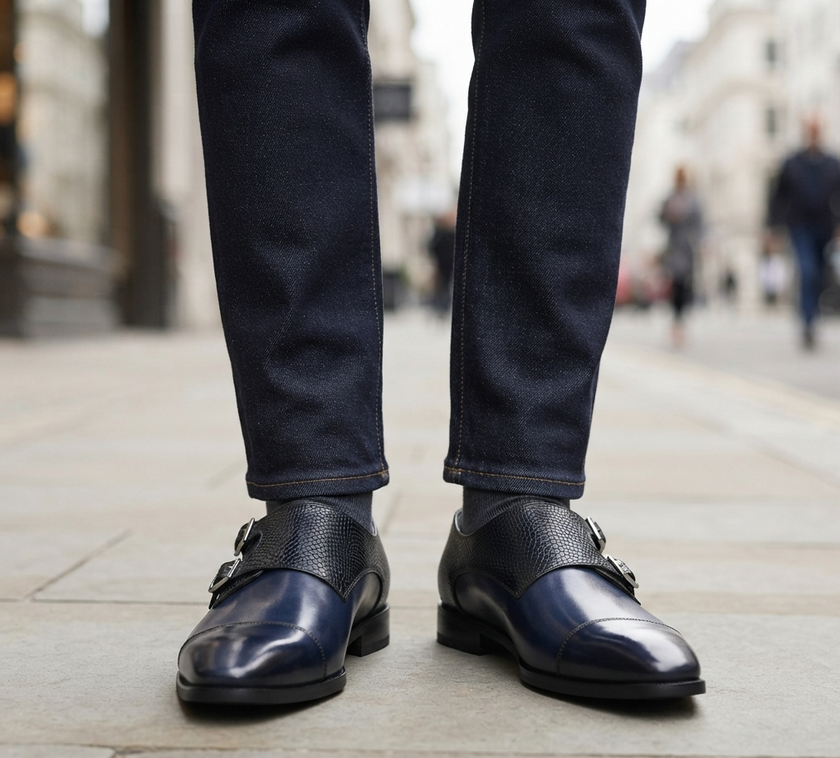 The Milano Navy Handcrafted Navy Blue Leather and Black Crocodile-Embossed Double Monk Strap Shoes for Men