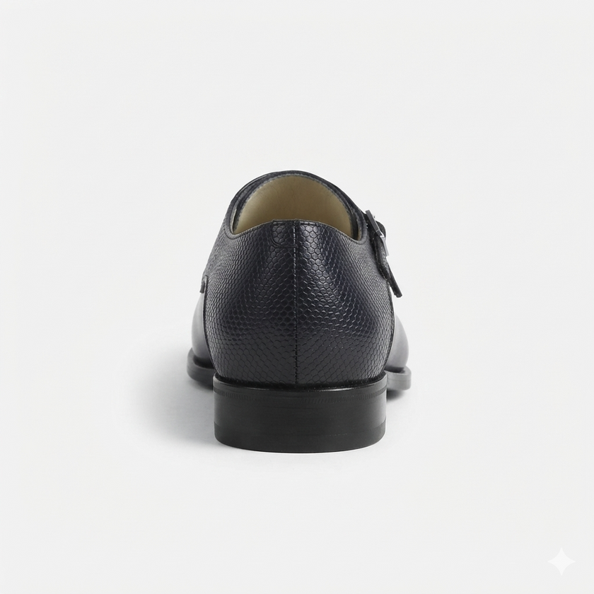The Milano Navy Handcrafted Navy Blue Leather and Black Crocodile-Embossed Double Monk Strap Shoes for Men