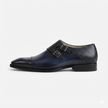 The Milano Navy Handcrafted Navy Blue Leather and Black Crocodile-Embossed Double Monk Strap Shoes for Men