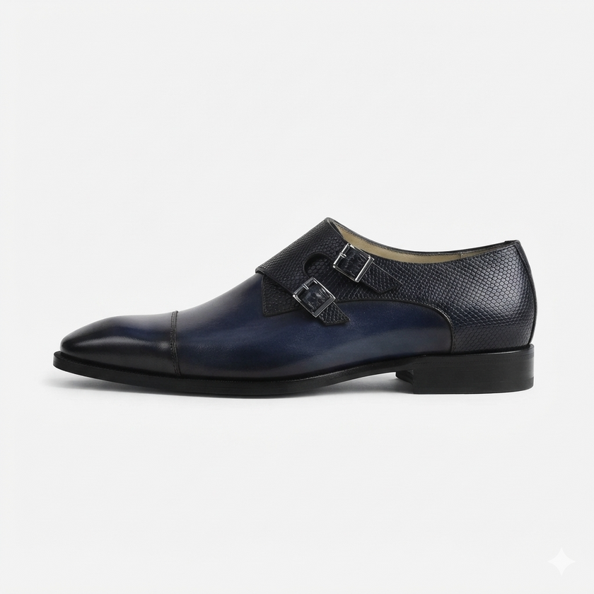 The Milano Navy Handcrafted Navy Blue Leather and Black Crocodile-Embossed Double Monk Strap Shoes for Men