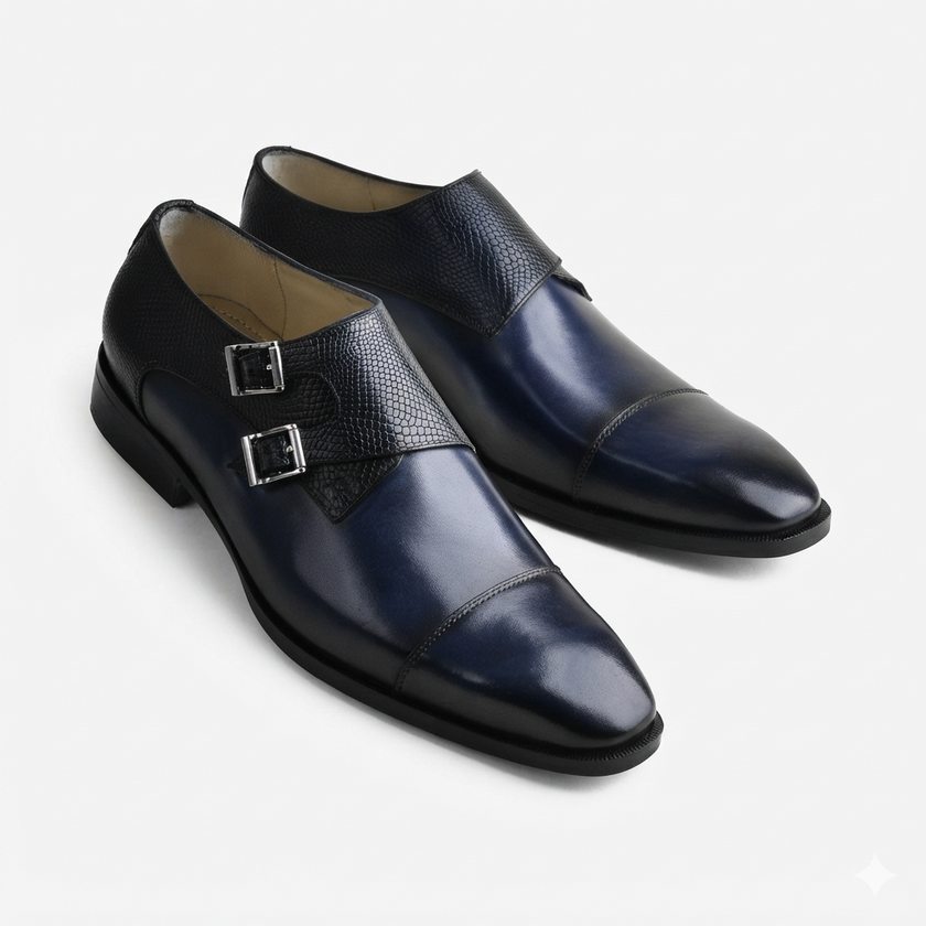 The Milano Navy Handcrafted Navy Blue Leather and Black Crocodile-Embossed Double Monk Strap Shoes for Men