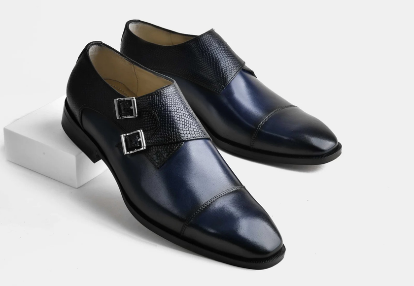 The Milano Navy Handcrafted Navy Blue Leather and Black Crocodile-Embossed Double Monk Strap Shoes for Men
