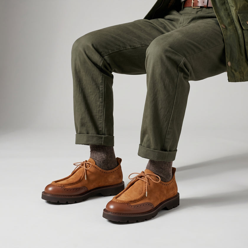 The Bellagio Handcrafted Tan Suede and Leather Wingtip with Refined Moc Toe Derby for Men