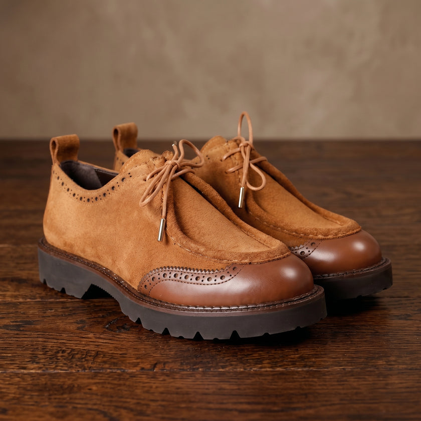 The Bellagio Handcrafted Tan Suede and Leather Wingtip with Refined Moc Toe Derby for Men