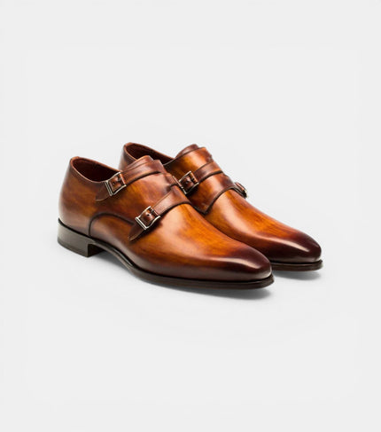 The Venice Double Monk Straps - Hand-Painted Honey Tan Leather Double Monk Strap Shoes for men