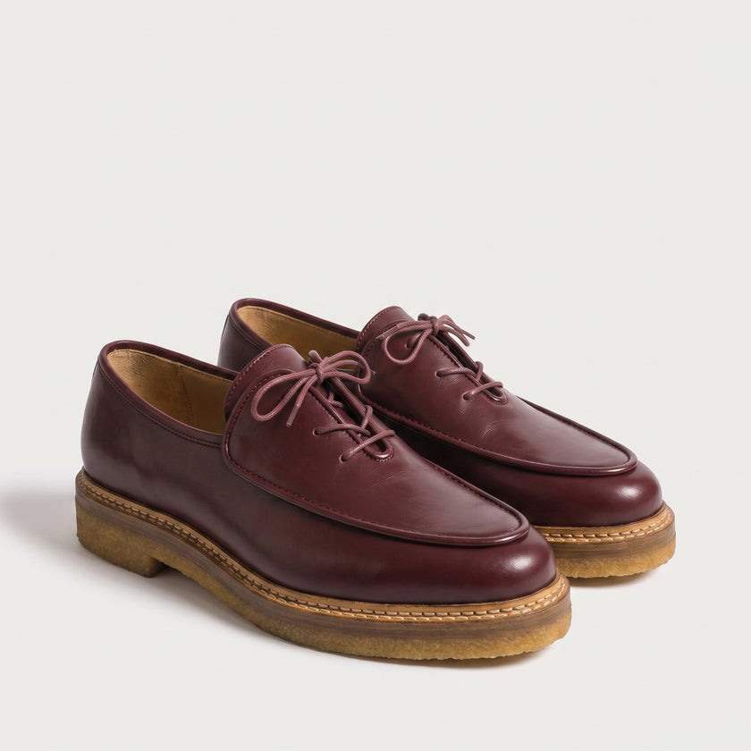 The Valerio Bordeaux Leather Lace-Up Loafers – Refined Artisan Design with a Rich Burgundy Finish and Distinctive Heritage Sole