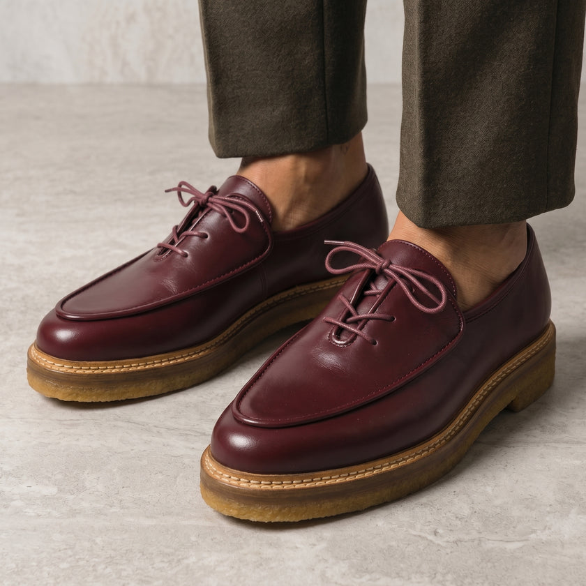 The Valerio Bordeaux Leather Lace-Up Loafers – Refined Artisan Design with a Rich Burgundy Finish and Distinctive Heritage Sole