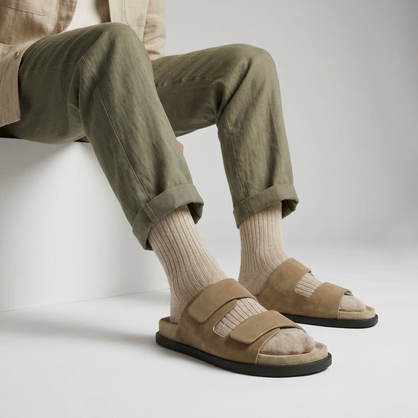 The Lume Sandstone Handcrafted Suede leather Dual-Strap Design, Sculpted Footbed & Contemporary Minimalist Silhouette Comfort Sandals for Men