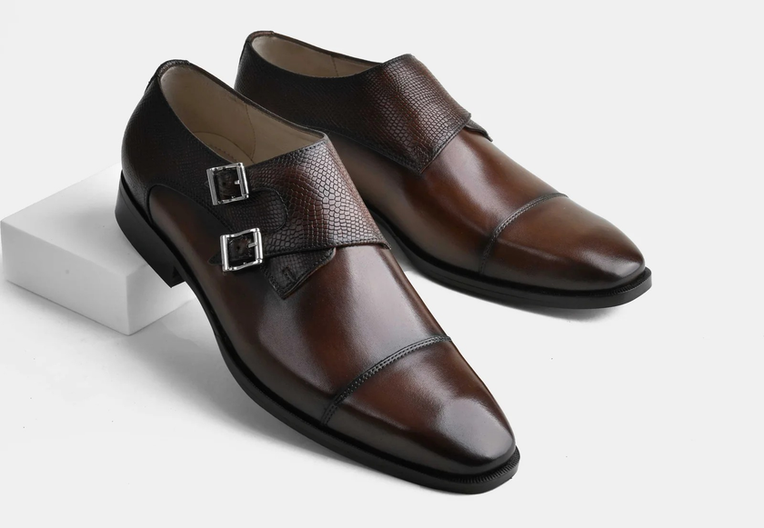 The Milano Espresso Handcrafted Brown Leather and Crocodile-Embossed Double Monk Strap Shoes for Men