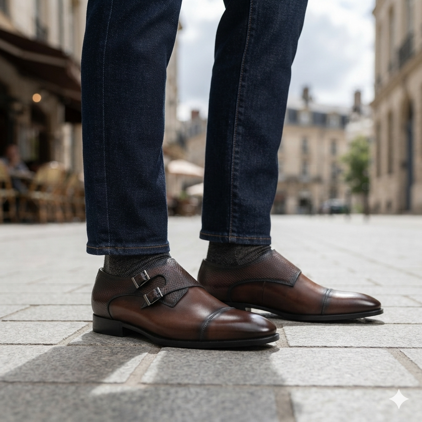 The Milano Espresso Handcrafted Brown Leather and Crocodile-Embossed Double Monk Strap Shoes for Men