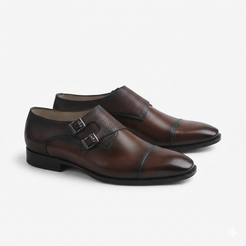 The Milano Espresso Handcrafted Brown Leather and Crocodile-Embossed Double Monk Strap Shoes for Men