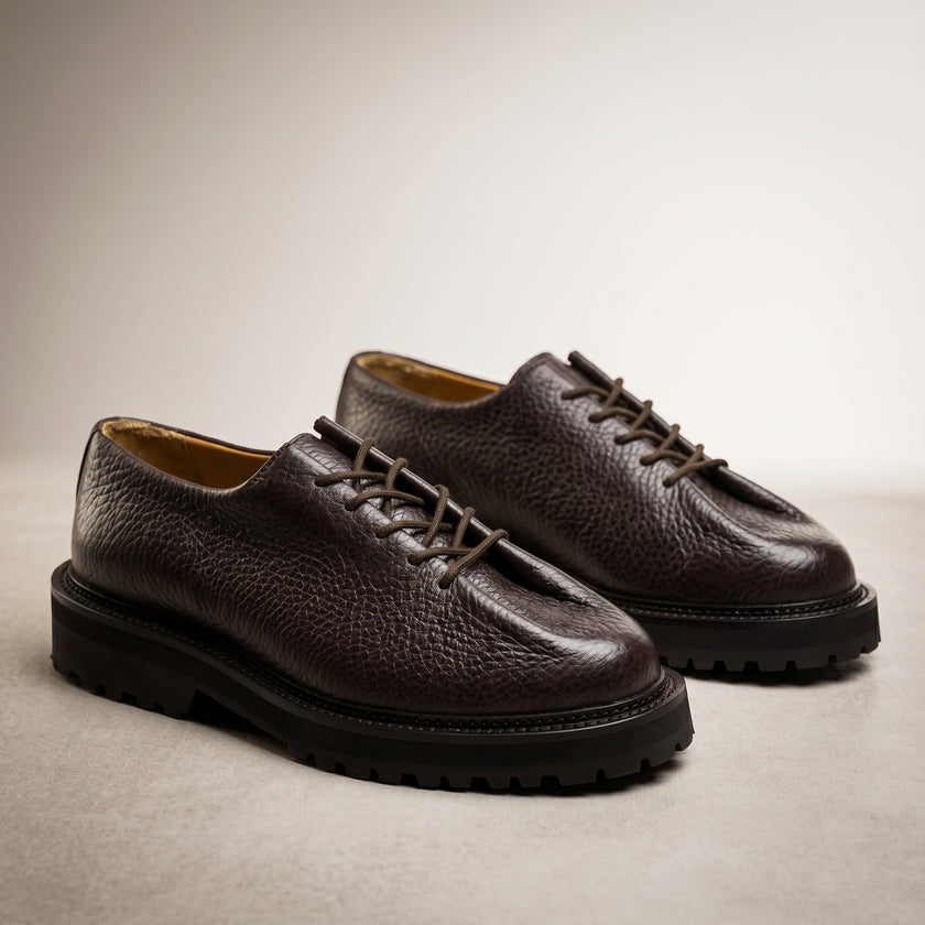 The Pietra Bordeaux Textured Leather Derby Shoes Refined Oxford Silhouette with Rugged Lug Sole for Men