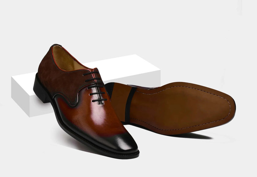 The Verona Royale Two Tone Leather Oxford Shoes for Men with Rich Chestnut Brown Finish, Contrasting Suede Quarters, Sculpted Apron Detailing and Elegant Black Sole