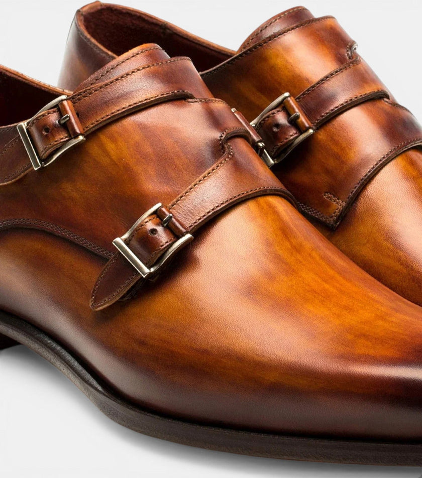 The Venice Double Monk Straps - Hand-Painted Honey Tan Leather Double Monk Strap Shoes for men