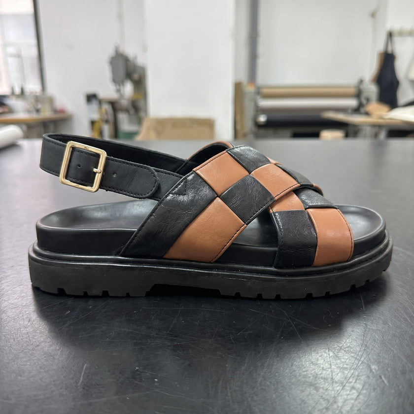 The Olmo Hnandcrafted Black & Tan Woven Leather Slingback Sandals with Rugged Lug Sole for Men
